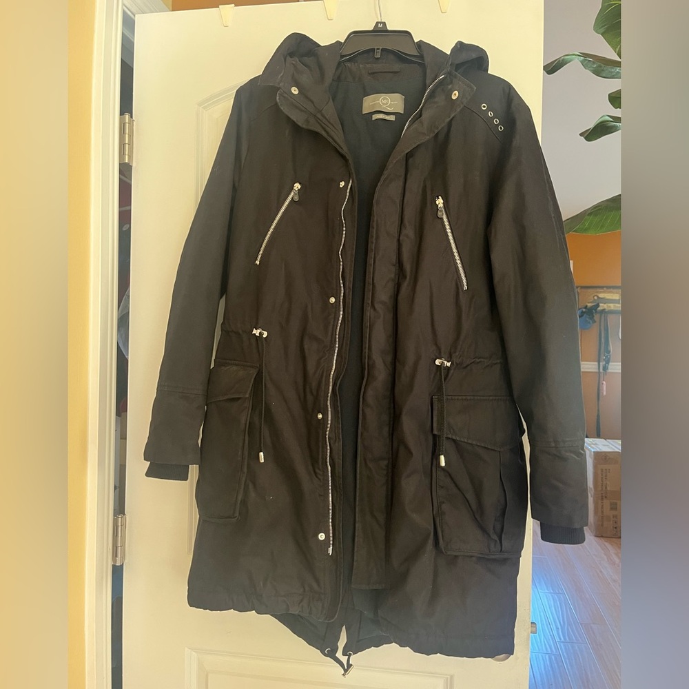 Alexander McQueen Black Hooded Raincoat Military Coat. Size 48